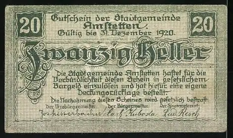 Notgeld Amstetten 1920, 20 Heller, Stadtwappen mit Löwe, Gültigkeit bis 31. Dezember 1920