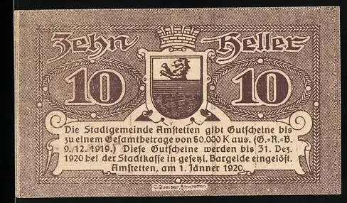 Notgeld Amstetten 1920, 10 Heller, Wappen mit Löwe, Gültigkeit bis 31. Dezember 1920