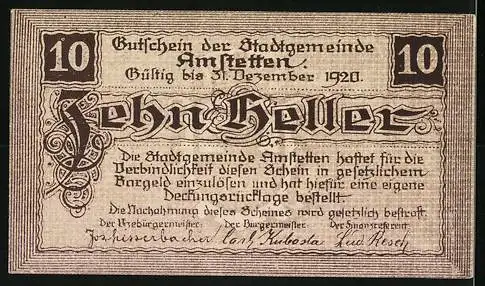 Notgeld Amstetten 1920, 10 Heller, Wappen mit Löwe, Gültigkeit bis 31. Dezember 1920