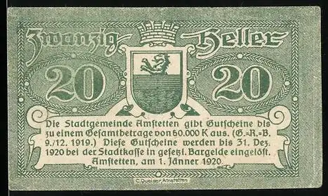 Notgeld Amstetten 1920, 20 Heller, Wappen und Schriftzug, grüner Druck