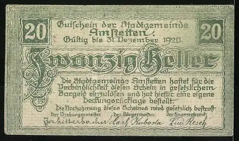 Notgeld Amstetten 1920, 20 Heller, Wappen und Schriftzug, grüner Druck