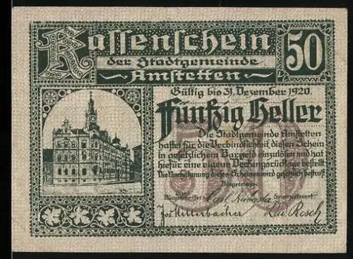 Notgeld Amstetten 1920, 50 Heller, Rathaus und Wappen, gültig bis 31. Dezember 1920