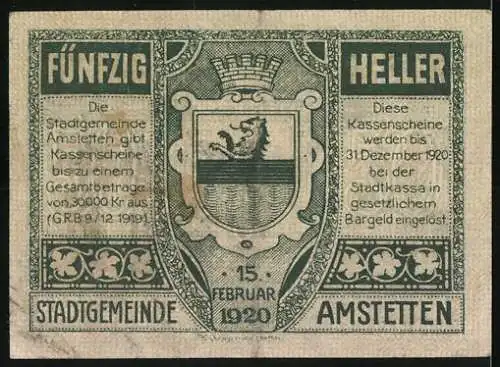 Notgeld Amstetten 1920, 50 Heller, Rathaus und Wappen, gültig bis 31. Dezember 1920