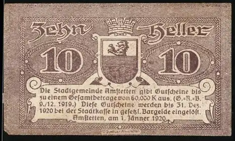 Notgeld Amstetten 1920, 10 Heller, Wappen der Stadt Amstetten, Ausgabe bis 31. Dezember 1920