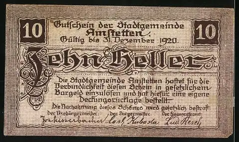 Notgeld Amstetten 1920, 10 Heller, Wappen der Stadt Amstetten, Ausgabe bis 31. Dezember 1920