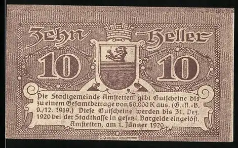 Notgeld Amstetten 1920, 10 Heller, Wappen und kunstvolle Schriftgestaltung