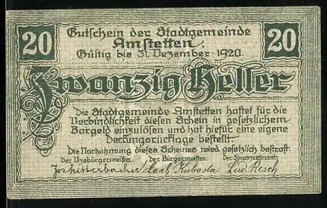 Notgeld Amstetten 1920, 20 Heller, Stadtwappen mit Text und Ornamenten