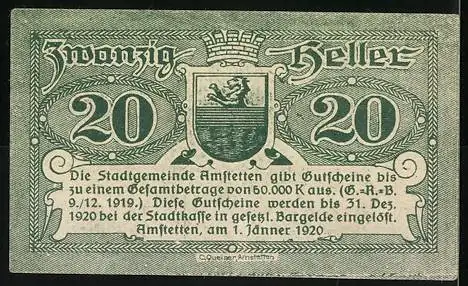 Notgeld Amstetten 1920, 20 Heller, Stadtwappen mit Text und Ornamenten