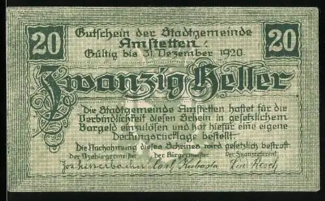 Notgeld Amstetten 1920, 20 Heller, Stadtwappen und dekorative Schriftzüge