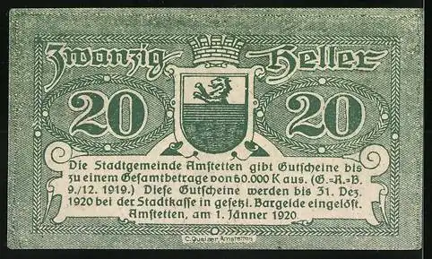 Notgeld Amstetten 1920, 20 Heller, Stadtwappen und dekorative Schriftzüge