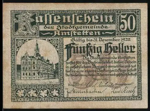 Notgeld Amstetten 1920, 50 Heller, Rathaus und Stadtwappen, gültig bis 31. Dezember 1920