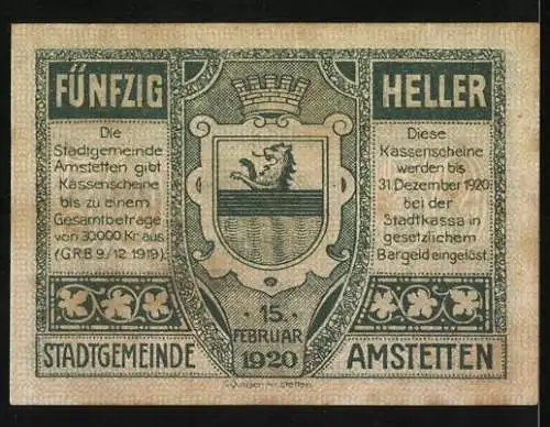 Notgeld Amstetten 1920, 50 Heller, Rathaus und Stadtwappen, gültig bis 31. Dezember 1920