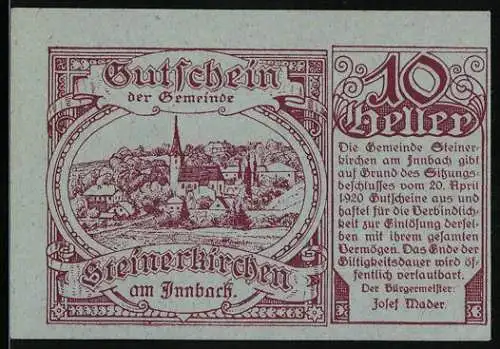 Notgeld Steinerkirchen am Innbach 1920, 10 Heller, Ortsansicht mit Kirche und Häusern