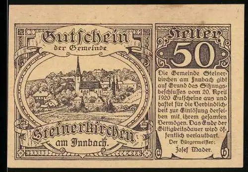 Notgeld Steinerkirchen am Inn 1920, 50 Heller, Dorfansicht mit Kirche und Textfeld