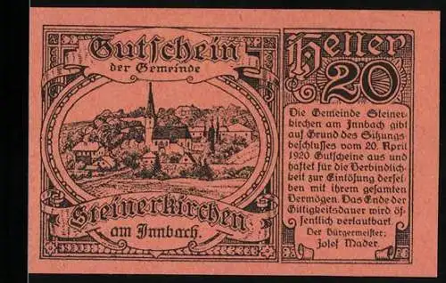 Notgeld Steinerkirchen 1920, 20 Heller, Dorflandschaft und Text mit Bürgermeisterunterschrift