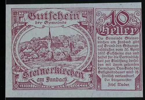 Notgeld Steinerkirchen 1920, 10 Heller, Landschaft mit Kirche und Dorfansicht