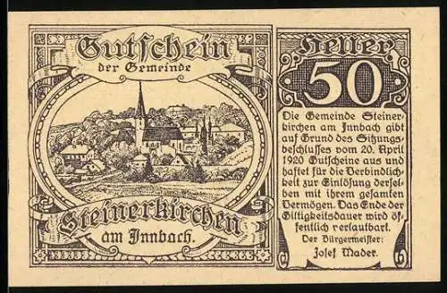 Notgeld Steinerkirchen 1920, 50 Heller, Ortsansicht mit Kirche und umliegender Landschaft