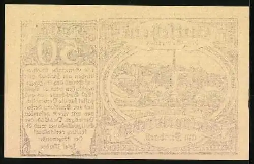 Notgeld Steinerkirchen 1920, 50 Heller, Ortsansicht mit Kirche und umliegender Landschaft