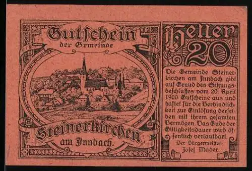 Notgeld Steinerkirchen am Innbach 1920, 20 Heller, Stadtansicht und Textausschnitt