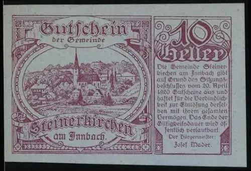 Notgeld Steinerkirchen 1920, 10 Heller, Landschaft mit Kirche und Dorfansicht