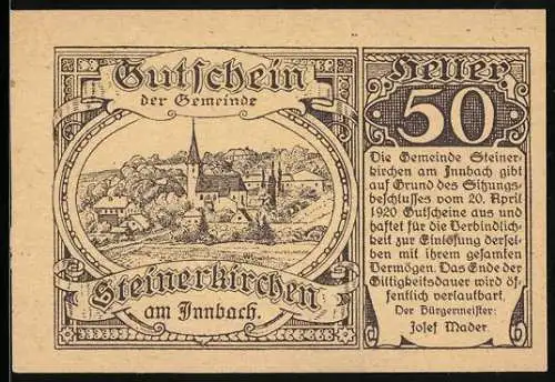 Notgeld Steinerkirchen 1920, 50 Heller, Dorflandschaft und Textfeld, Bürgermeister Josef Mader