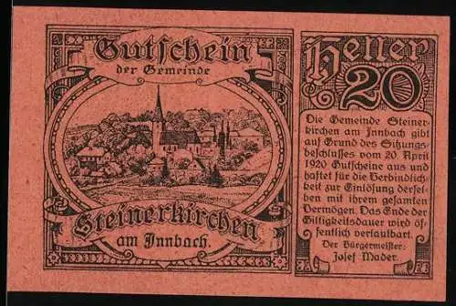 Notgeld Steinerkirchen am Innbach 1920, 20 Heller, Dorflandschaft und Textblock