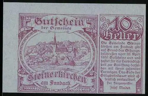 Notgeld Steinakirchen am Innbach 1920, 10 Heller, Dorflandschaft mit Kirche und Textfeld