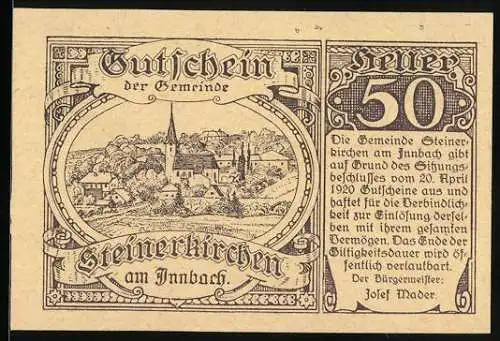 Notgeld Steinerkirchen am Innbach 1920, 50 Heller, Stadtansicht mit Kirche und Text über Gültigkeit