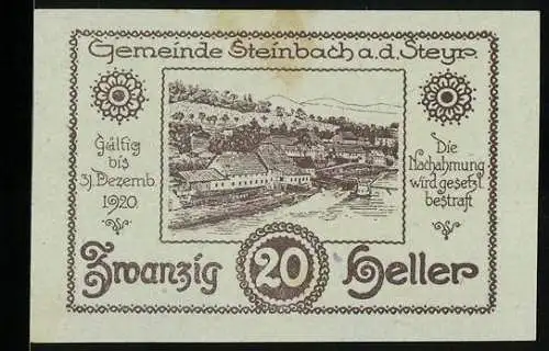 Notgeld Steinbach a.d. Steyr 1920, 20 Heller, Dorflandschaft und Wappen von 1472