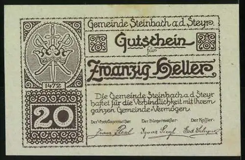 Notgeld Steinbach a.d. Steyr 1920, 20 Heller, Dorflandschaft und Wappen von 1472