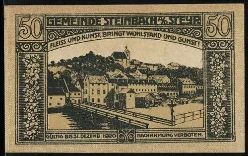 Notgeld Steinbach a.d. Steyr 1920, 50 Heller, Stadtansicht und Wappen mit Greifen