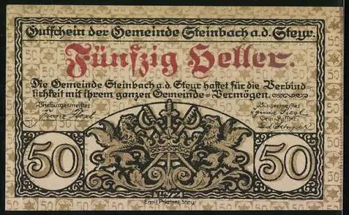 Notgeld Steinbach a.d. Steyr 1920, 50 Heller, Stadtansicht und Wappen mit Greifen