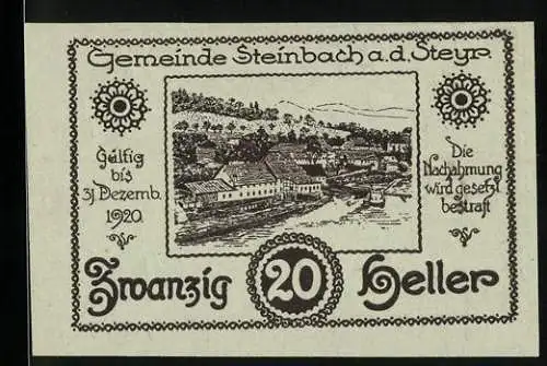 Notgeld Steinbach a.d. Steyr 1920, 20 Heller, Dorflandschaft und Wappen mit Schwertern und Äxten