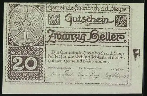 Notgeld Steinbach a.d. Steyr 1920, 20 Heller, Dorflandschaft und Wappen mit Schwertern und Äxten