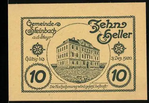 Notgeld Steinbach a.d. Steyr 1920, 10 Heller, Gebäude und Wappen mit gekreuzten Schwertern