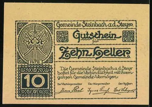 Notgeld Steinbach a.d. Steyr 1920, 10 Heller, Gebäude und Wappen mit gekreuzten Schwertern