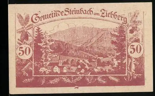 Notgeld Steinbach am Ziehberg 1920, 50 Heller, Landschaft mit Dorfansicht und dekorativen Elementen