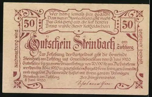 Notgeld Steinbach am Ziehberg 1920, 50 Heller, Landschaft mit Dorfansicht und dekorativen Elementen