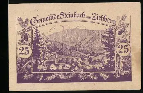 Notgeld Steinbach am Ziehberg 1920, 25 Heller, Landschaft mit Dorf und Bergen