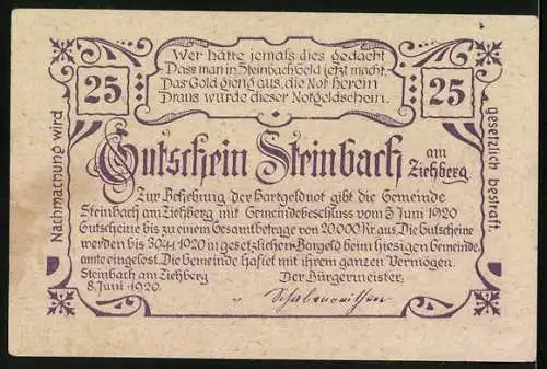 Notgeld Steinbach am Ziehberg 1920, 25 Heller, Landschaft mit Dorf und Bergen