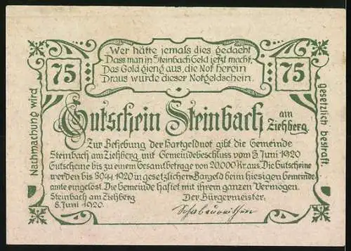 Notgeld Steinbach am Ziehberg 1920, 75 Heller, Dorflandschaft mit Bergen und Bäumen