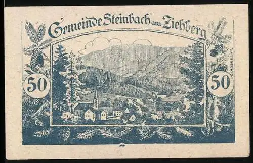 Notgeld Steinbach am Ziehberg 1920, 50 Heller, Dorflandschaft mit Bergen und Tannen