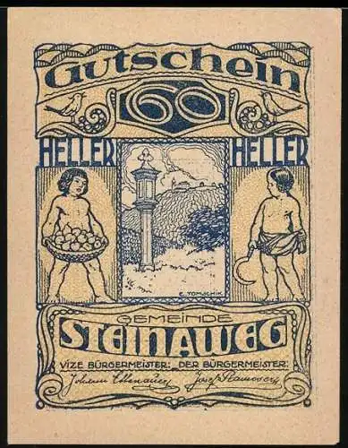 Notgeld Steinaweg 1920, 60 Heller, Kinder mit Korb und Trommel, Landschaft mit Kapelle, Zahnräder-Motiv