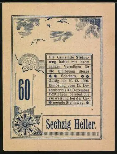 Notgeld Steinaweg 1920, 60 Heller, Kinder mit Korb und Trommel, Landschaft mit Kapelle, Zahnräder-Motiv