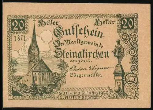 Notgeld Steinakirchen am Forst 1922, 20 Heller, Kirche und Statue, gültig bis 1922