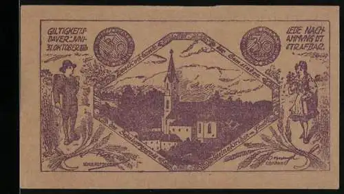 Notgeld Steinakirchen am Forst, 30 Heller, Landschaft mit Kirche und Figuren