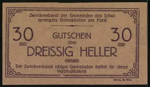 Notgeld Steinakirchen am Forst, 30 Heller, Landschaft mit Kirche und Figuren