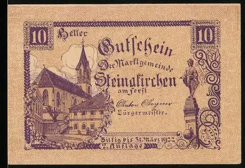 Notgeld Steinakirchen am Forst 1922, 10 Heller, Kirche und Statue, gültig bis 31. März 1922