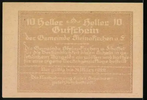 Notgeld Steinakirchen am Forst 1922, 10 Heller, Kirche und Statue, gültig bis 31. März 1922