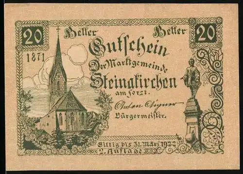 Notgeld Steinakirchen am Forst 1922, 20 Heller, Kirche und Statue, gültig bis 1922